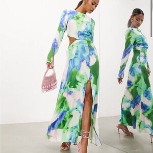ASOS Green Blue Abstract Print Maxi Dress Size 12 NWT Long Sleeve Side Slit